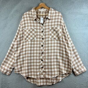 New Maurices Tan White Buffalo Plaid Button Down Shirt Plus Size 2X New High Low